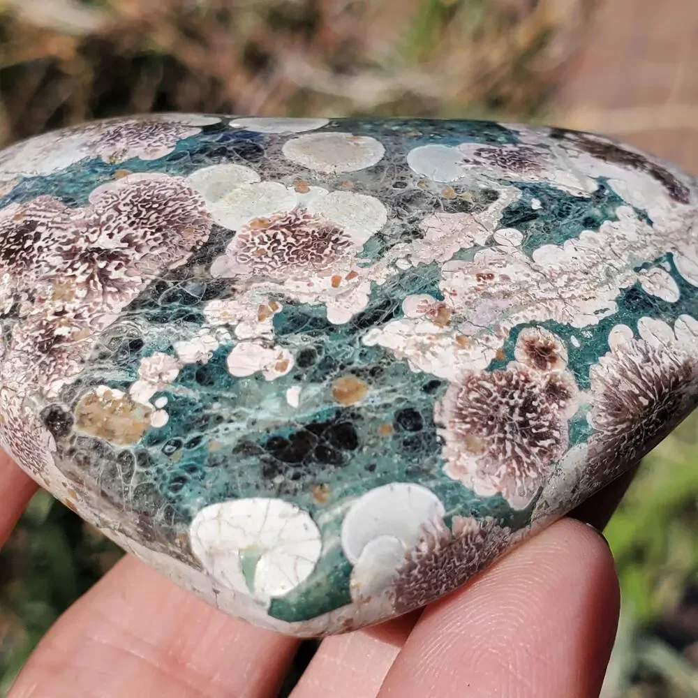 Green Rhyolite Cherry Blossom Puffy Heart Crystal Carving 96 grams